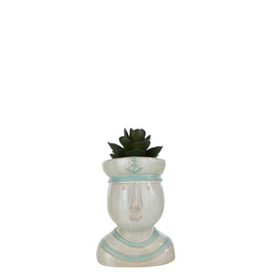 Pot de fleur J-Line Hoofd Zeeman en porcelaine blanche et azur, vue de face.
