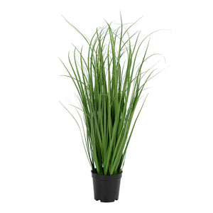 Herbe Poa artificielle avec lames vertes et pot noir, vue de face