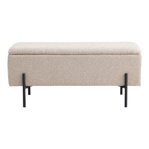 Banc Watford beige bouclé avec pieds en métal noir, vue de face