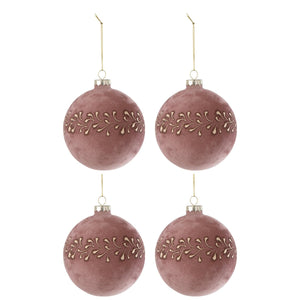 Boîte de 4 boules de Noël J-Line en velours rose clair et or, élégantes et raffinées.