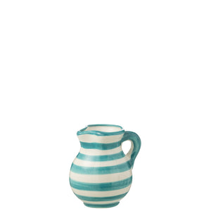 J-Line Jug Grenade Stripes en céramique blanche et aqua, vue de face
