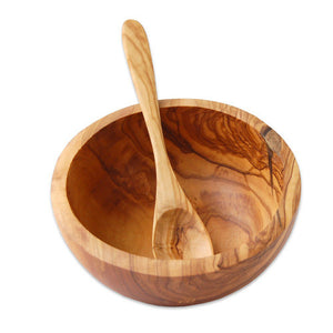 Bol à muesli en bois d'olivier, diamètre 16 cm, avec cuillère