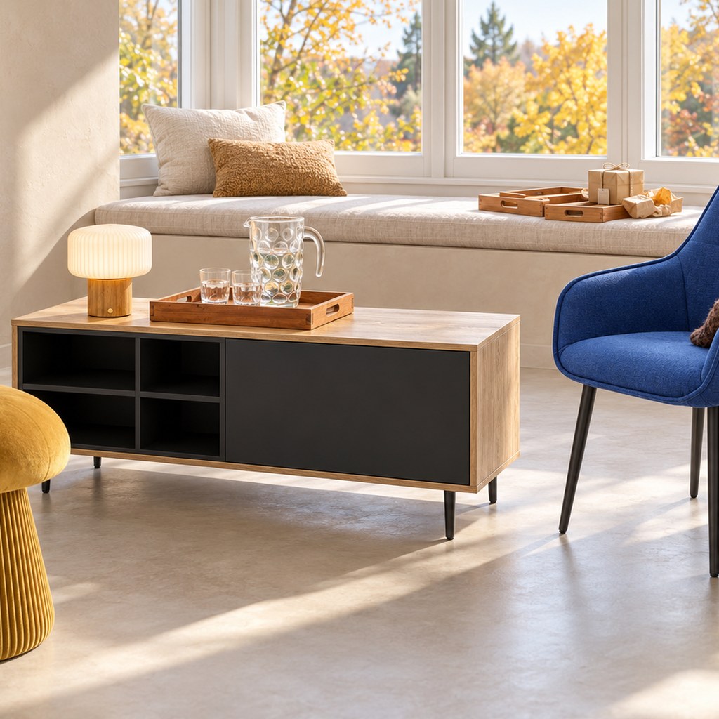 Séjour lumineux avec lampe sans fil Robin, carafe Bubble sur plateau en teck et fauteuil en lin bleu