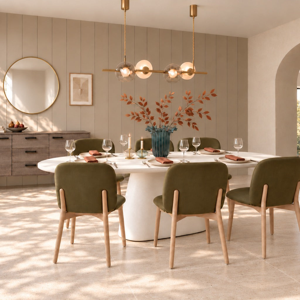 Salle à manger d'automne Homysa, table ovale et chaises vert mousse