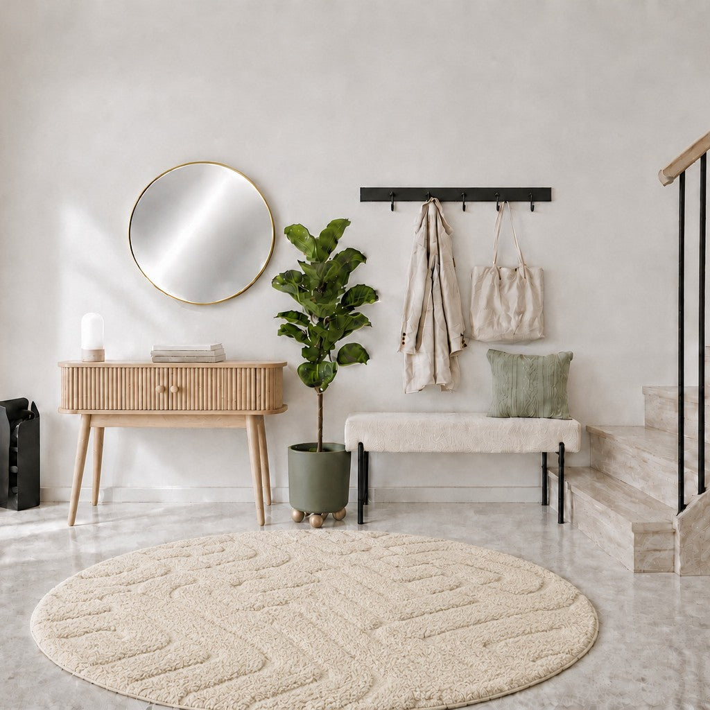 Entrée avec console en pin, miroir rond doré, banc bouclé et tapis rond écru