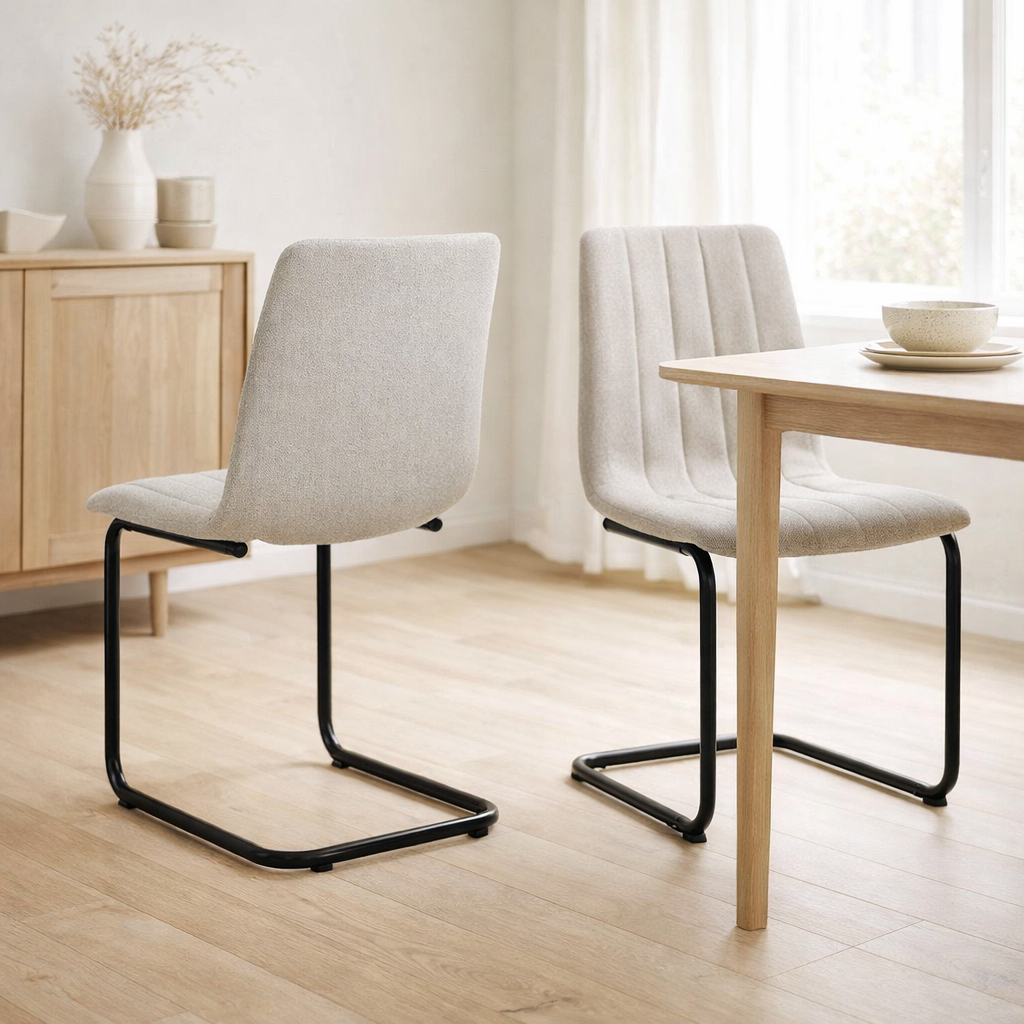 Chaises de salle à manger en tissu clair à structure luge autour d'une table en bois