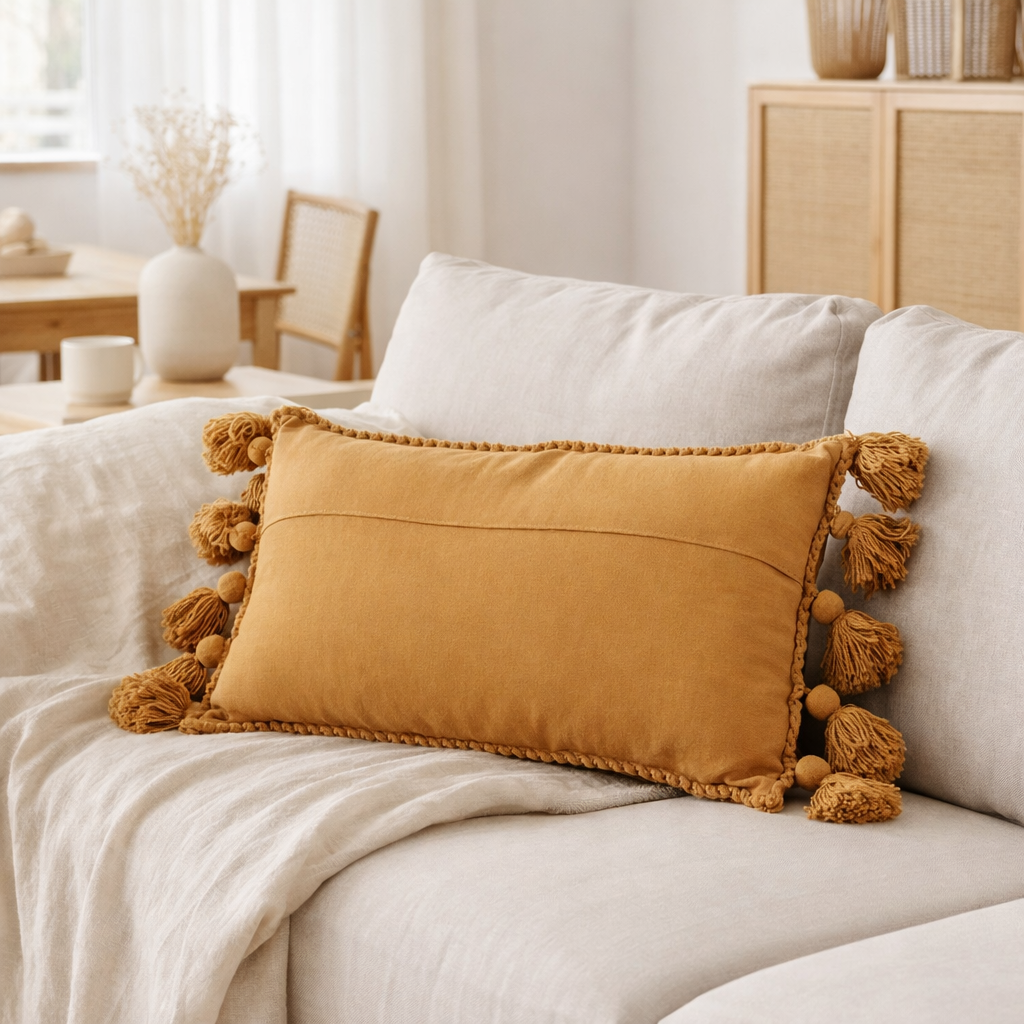 Coussin ocre à pompons posé sur un canapé en lin blanc dans un salon d'automne lumineux