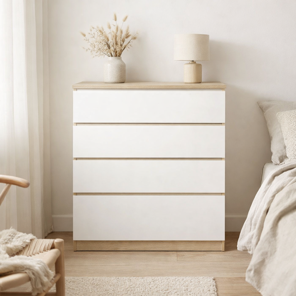 Commode scandinave Moebilia en bois et blanc à quatre tiroirs dans une chambre lumineuse