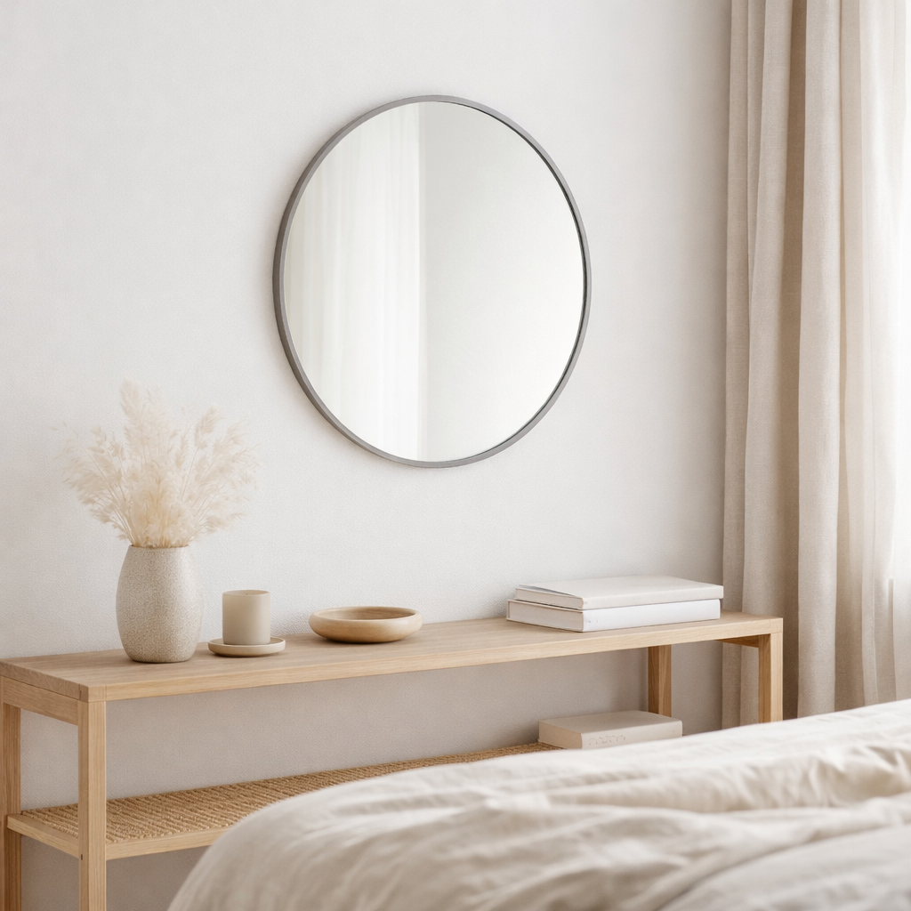 Miroir rond au-dessus d'une console dans un salon lumineux