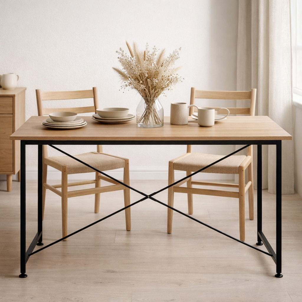 Table à manger à plateau chêne clair sur structure métal noir, deux chaises paillées et bouquet de pampa dans une salle à manger claire
