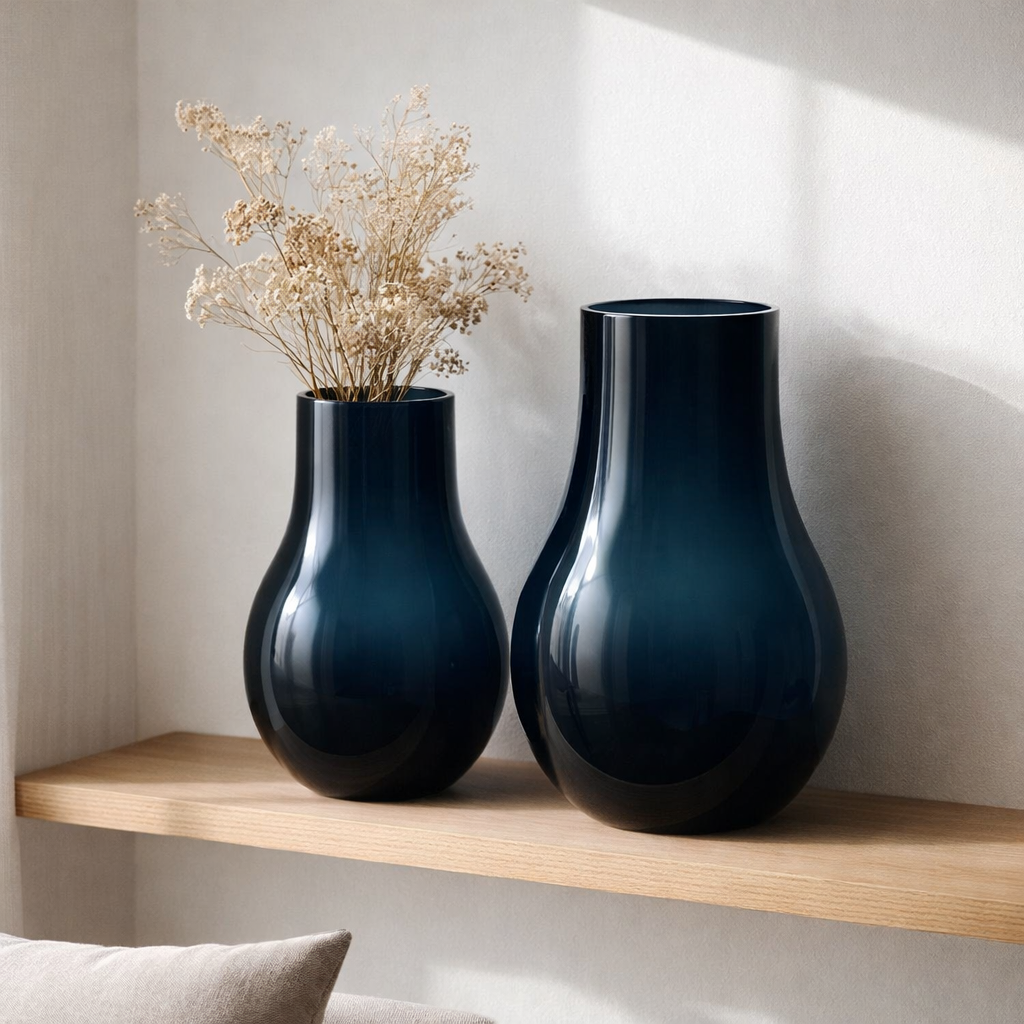 Grands vases Element Accessories en verre bleu profond garnis de fleurs séchées sur une étagère bois