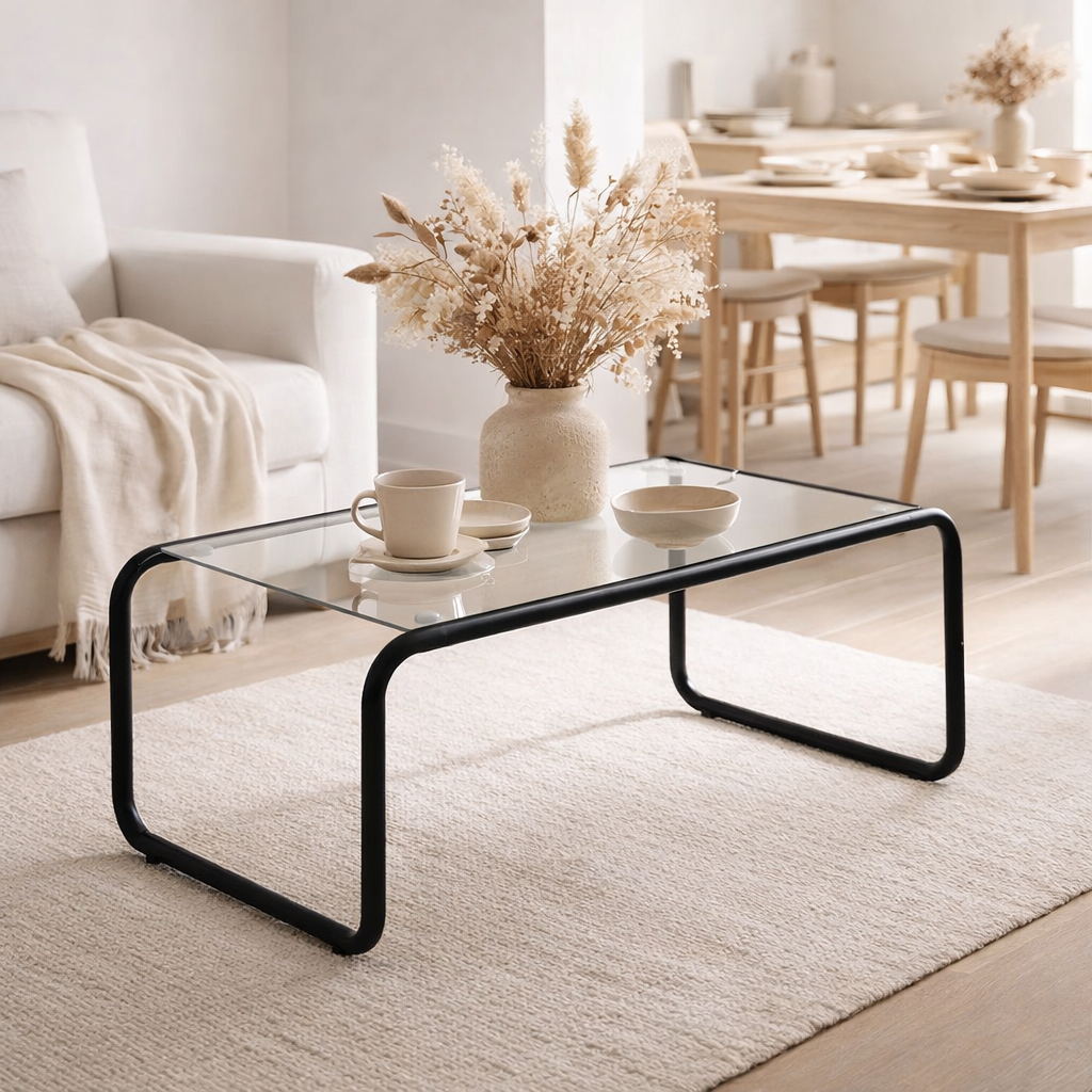 Table basse en verre à piétement fin dans un petit salon clair et aéré