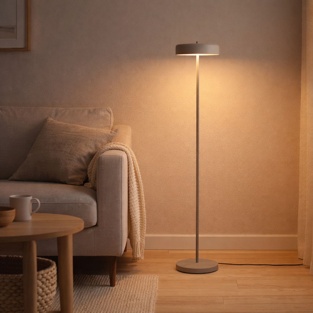 Lampadaire minimaliste allumé à côté d'un canapé beige dans un salon chaleureux