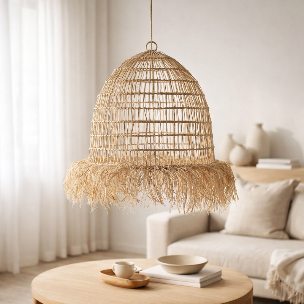Suspension en fibres naturelles à franges au-dessus d'un canapé beige dans un salon bohème