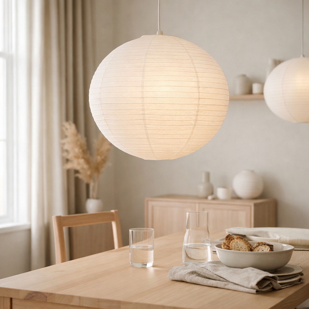 Abat-jour en papier Moyo OYOY Living Design suspendu dans un intérieur scandinave doux
