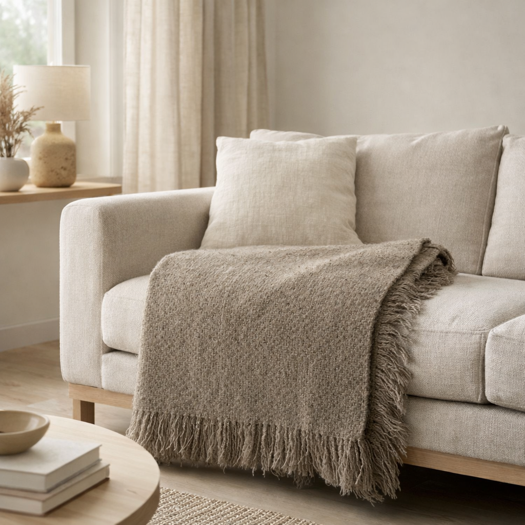 Plaid tricoté gris olive jeté sur l'assise d'un canapé beige dans un salon lumineux
