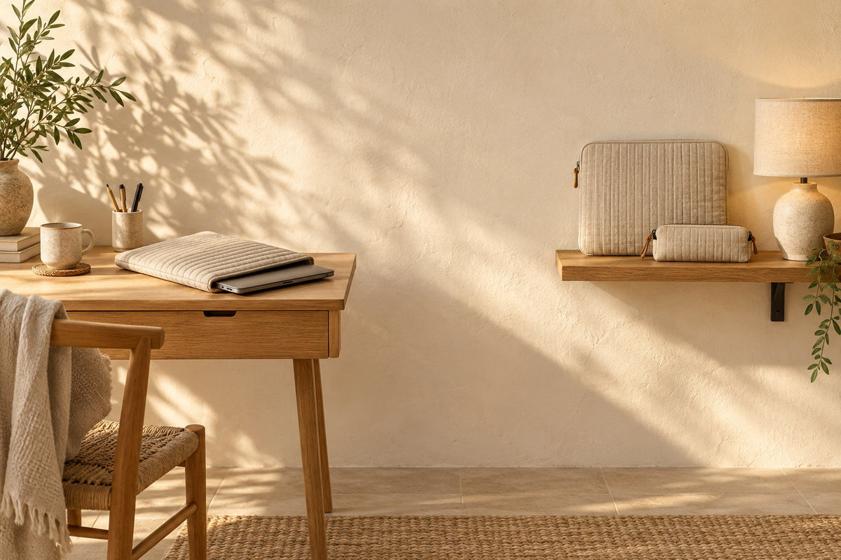 Coin bureau en bois clair avec pochette d'ordinateur en coton matelassé, housse de tablette et trousse sur une étagère murale