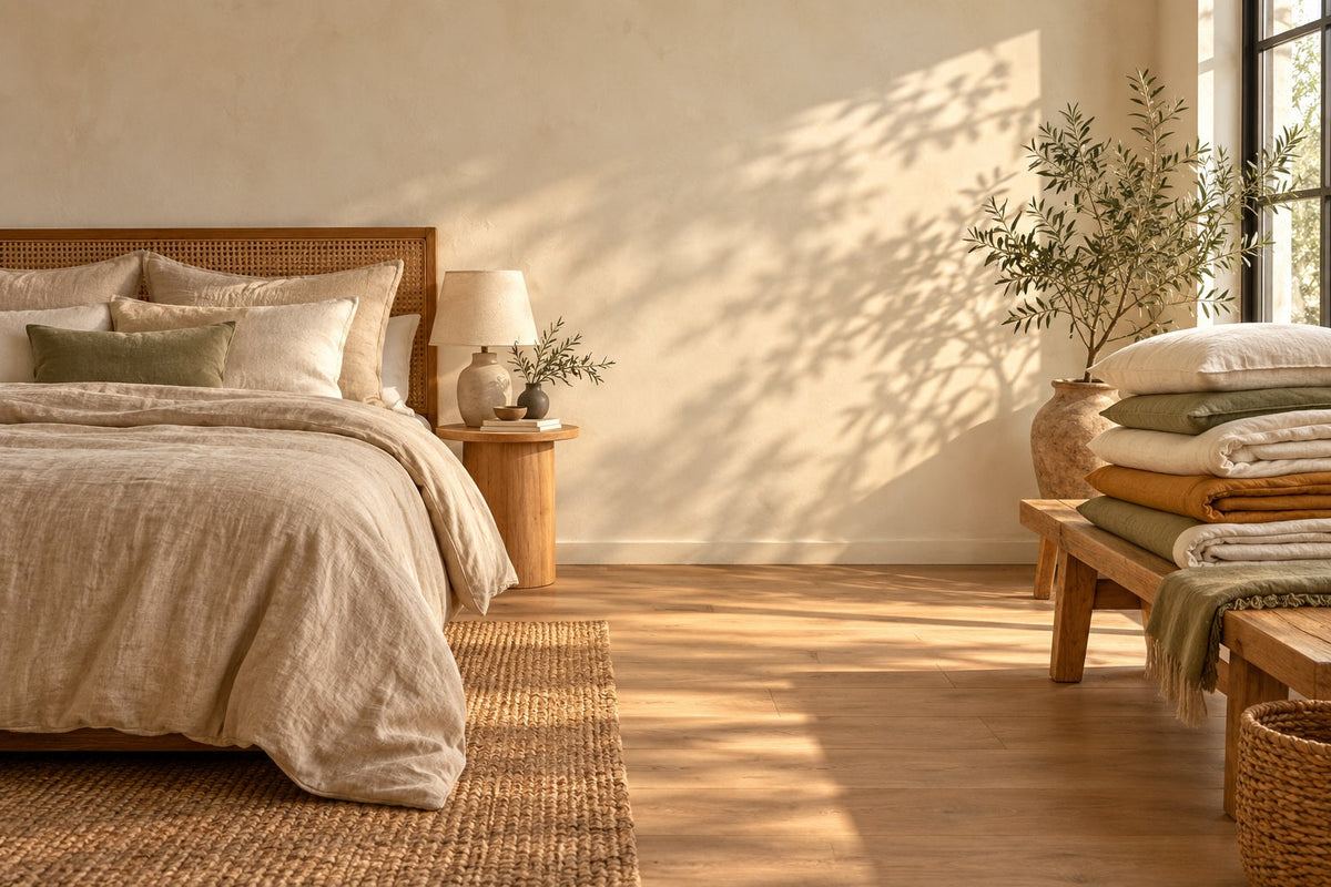 Chambre avec lit habillé d'une housse de couette en lin lavé couleur sable et pile de linge de lit plié sur un banc en bois