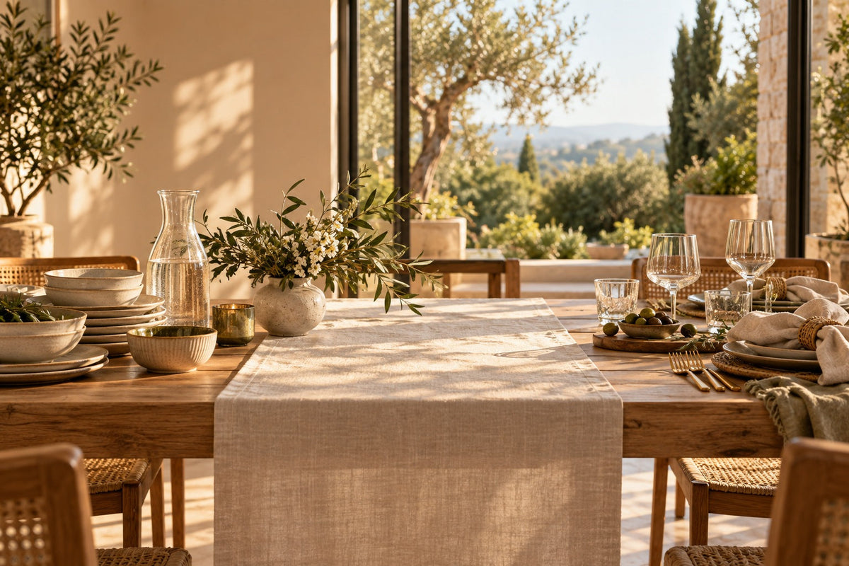 Table en bois dressée avec vaisselle en grès, carafe, verres et chemin de table en lin