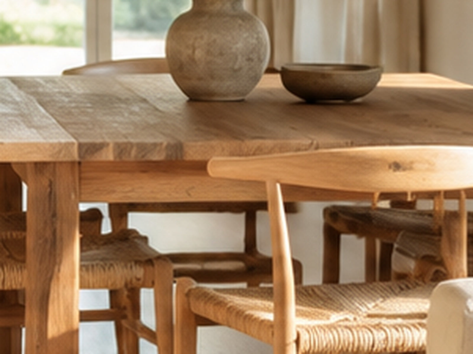 Table à manger en bois massif avec vase et coupelle en céramique mate