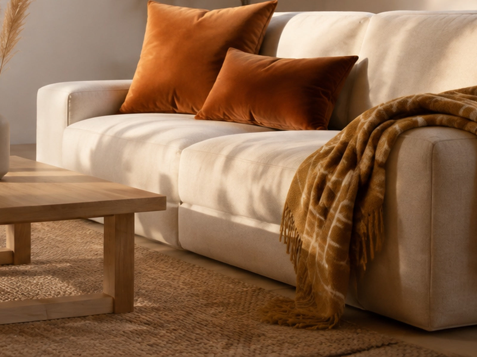 Canapé en tissu crème avec coussins terracotta et plaid ocre