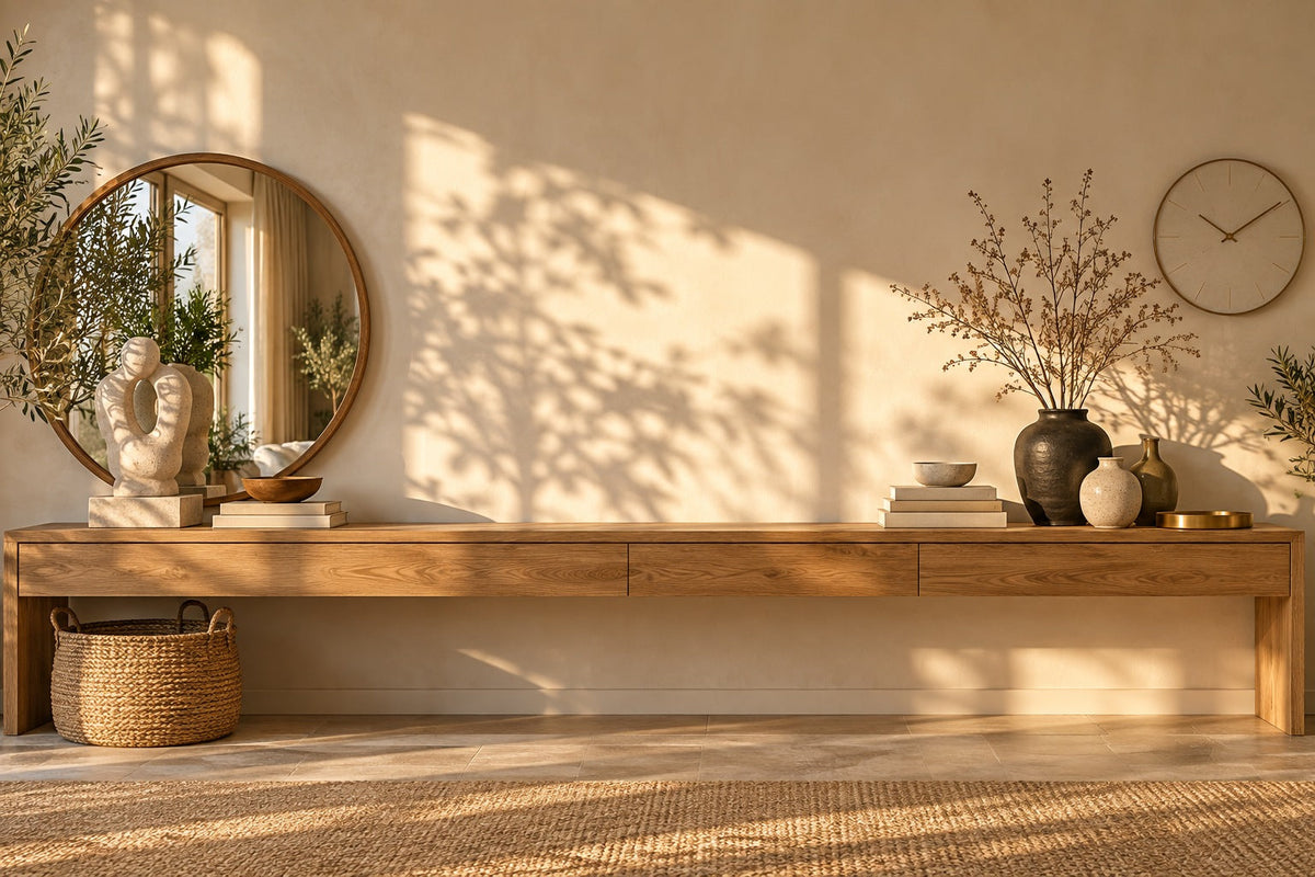 Console en bois avec miroir rond, sculpture en pierre, vases en céramique et horloge murale