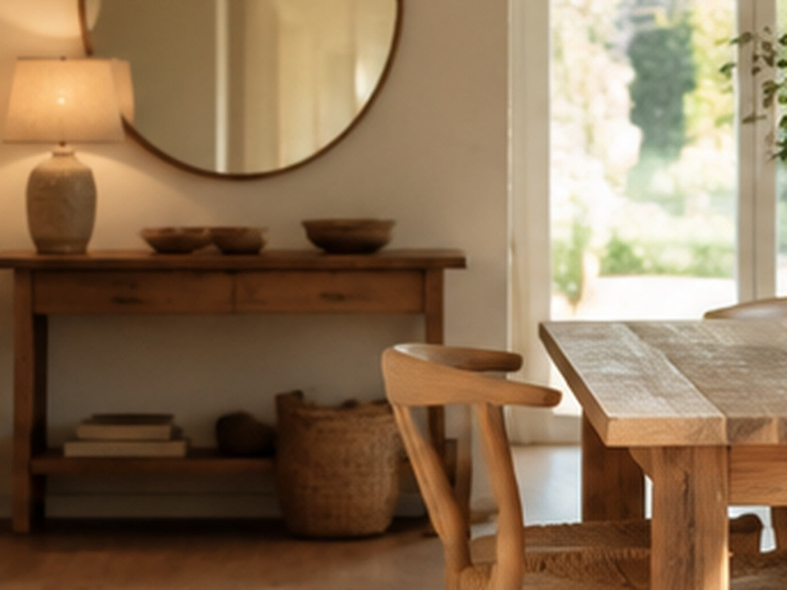 Miroir rond, lampe en céramique et console en bois clair
