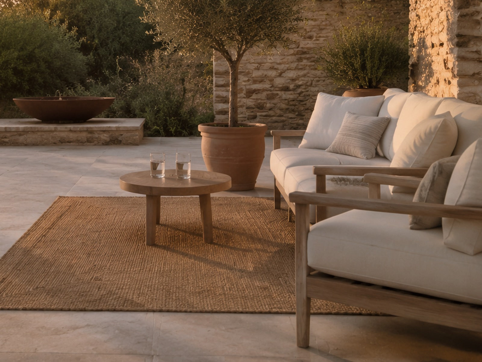 Terrasse en pierre avec salon de jardin en teck et olivier en pot