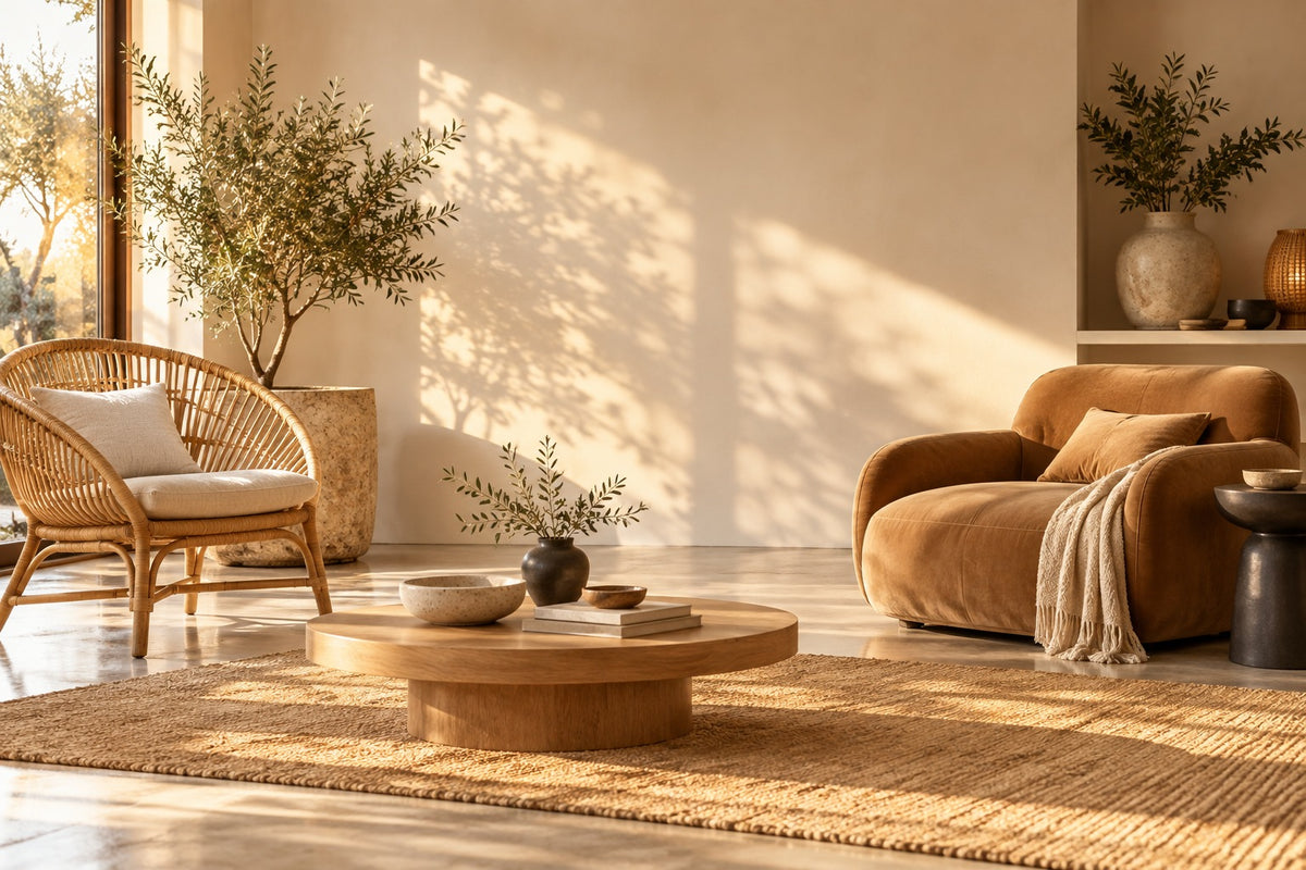 Fauteuil en rotin et fauteuil en velours camel