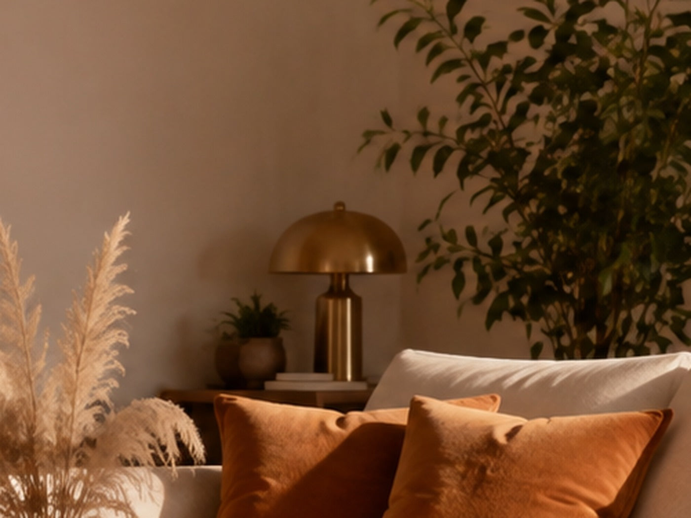 Lampe à poser en laiton brossé allumée sur une console
