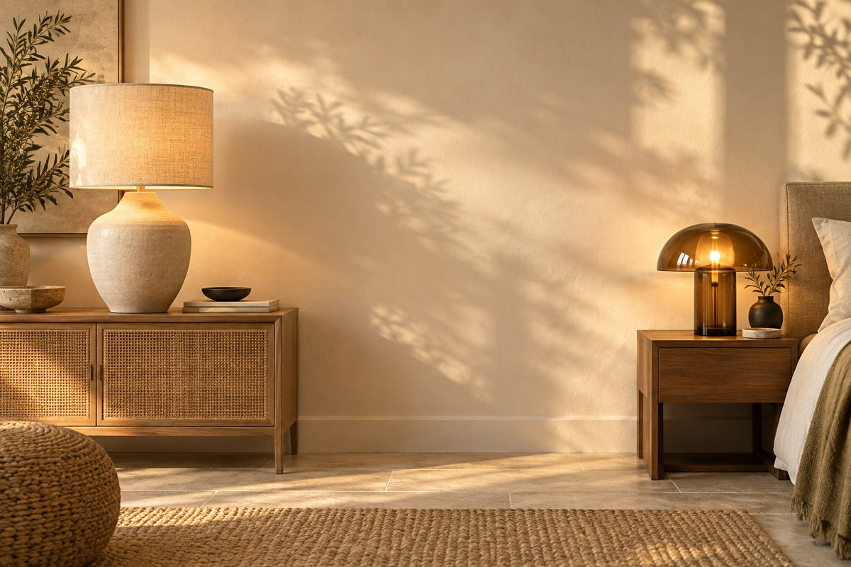 Lampe en céramique avec abat-jour en lin et lampe champignon en verre ambré allumées