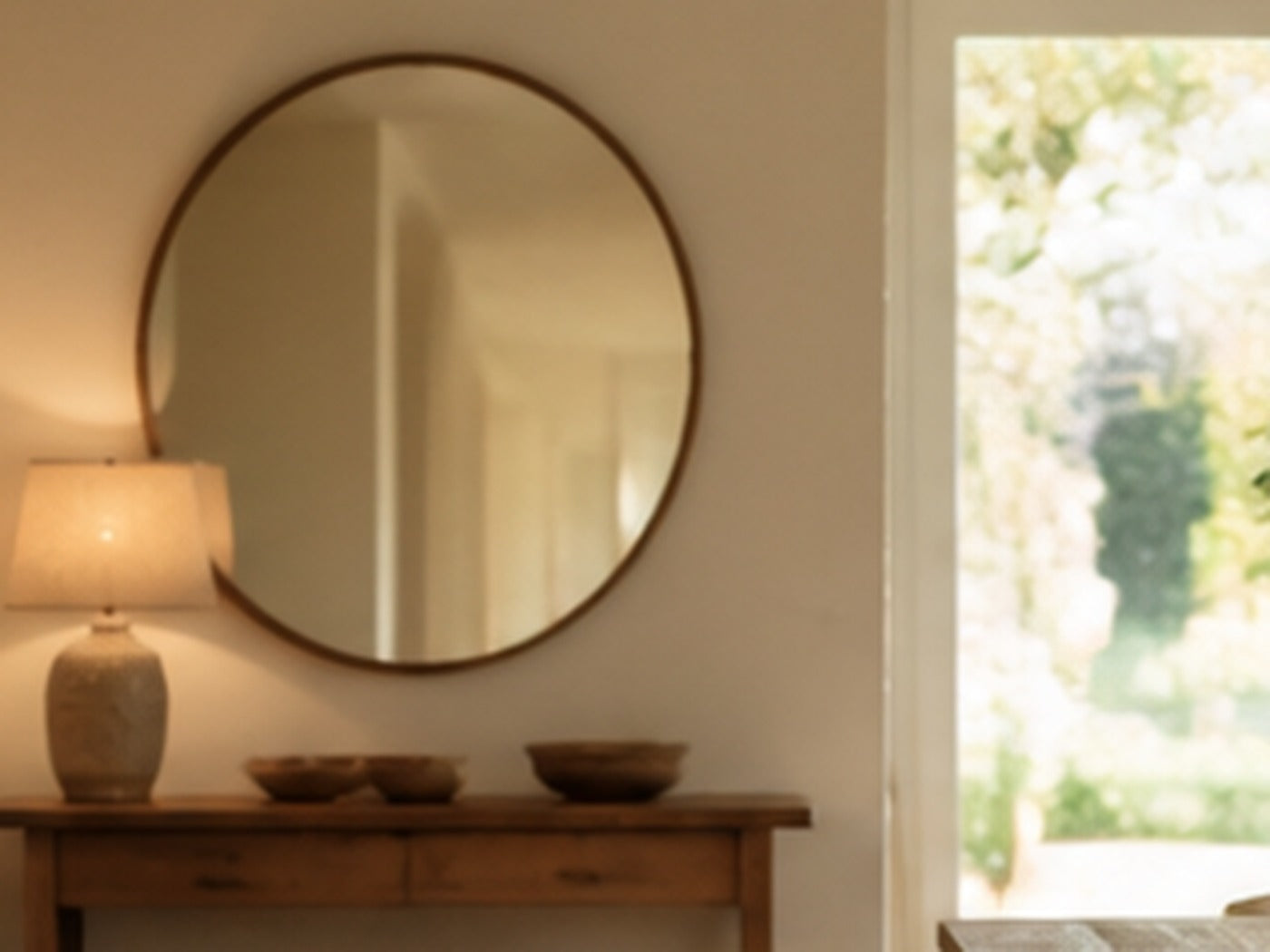 Miroir rond à cadre fin au-dessus d'une console en bois