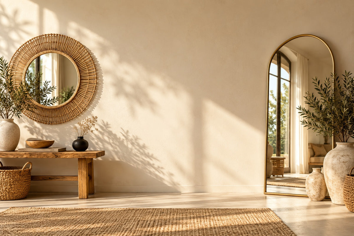 Miroir rond en rotin et miroir arche en laiton