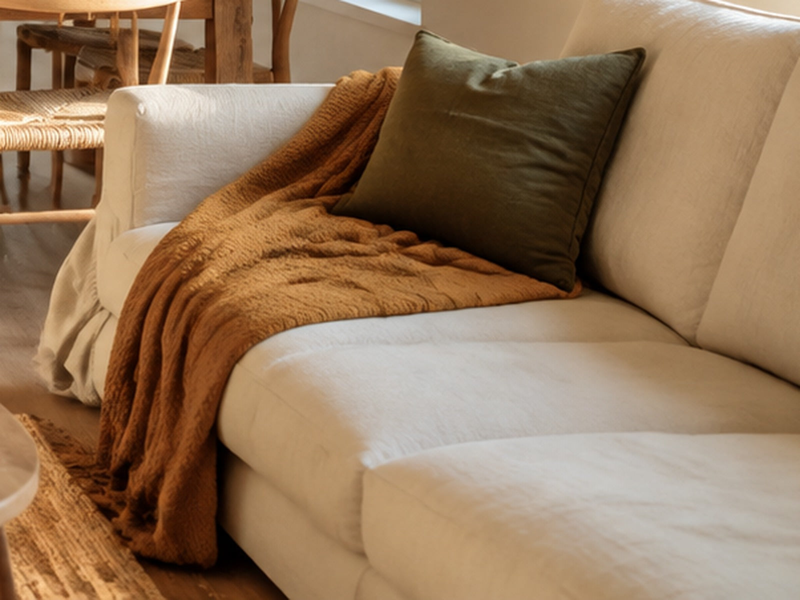 Canapé en tissu crème avec plaid ocre dans un salon lumineux