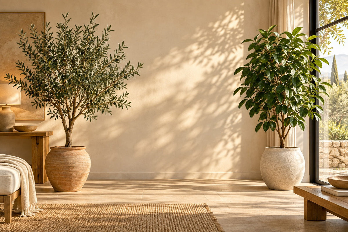 Olivier artificiel en pot en terre cuite et ficus près d'une fenêtre