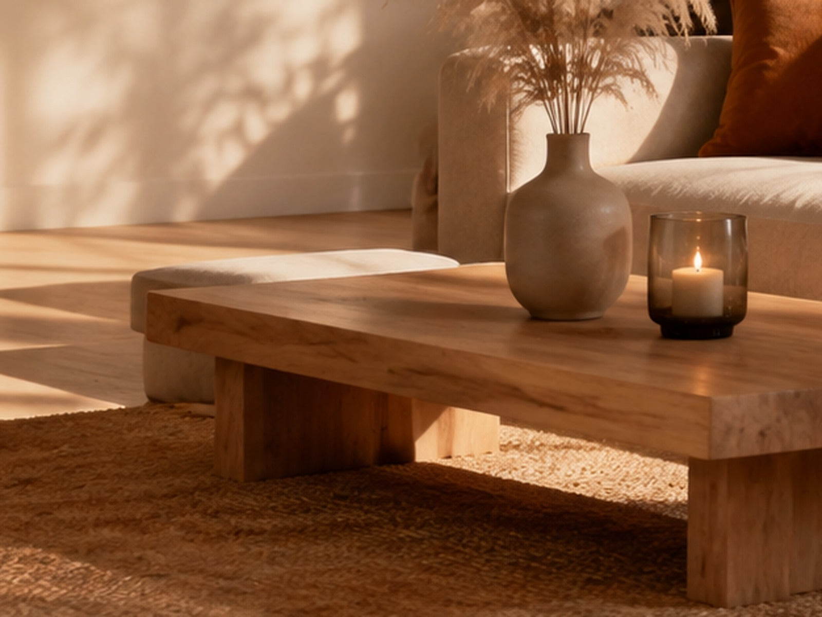 Table basse en bois massif clair avec vase et photophore
