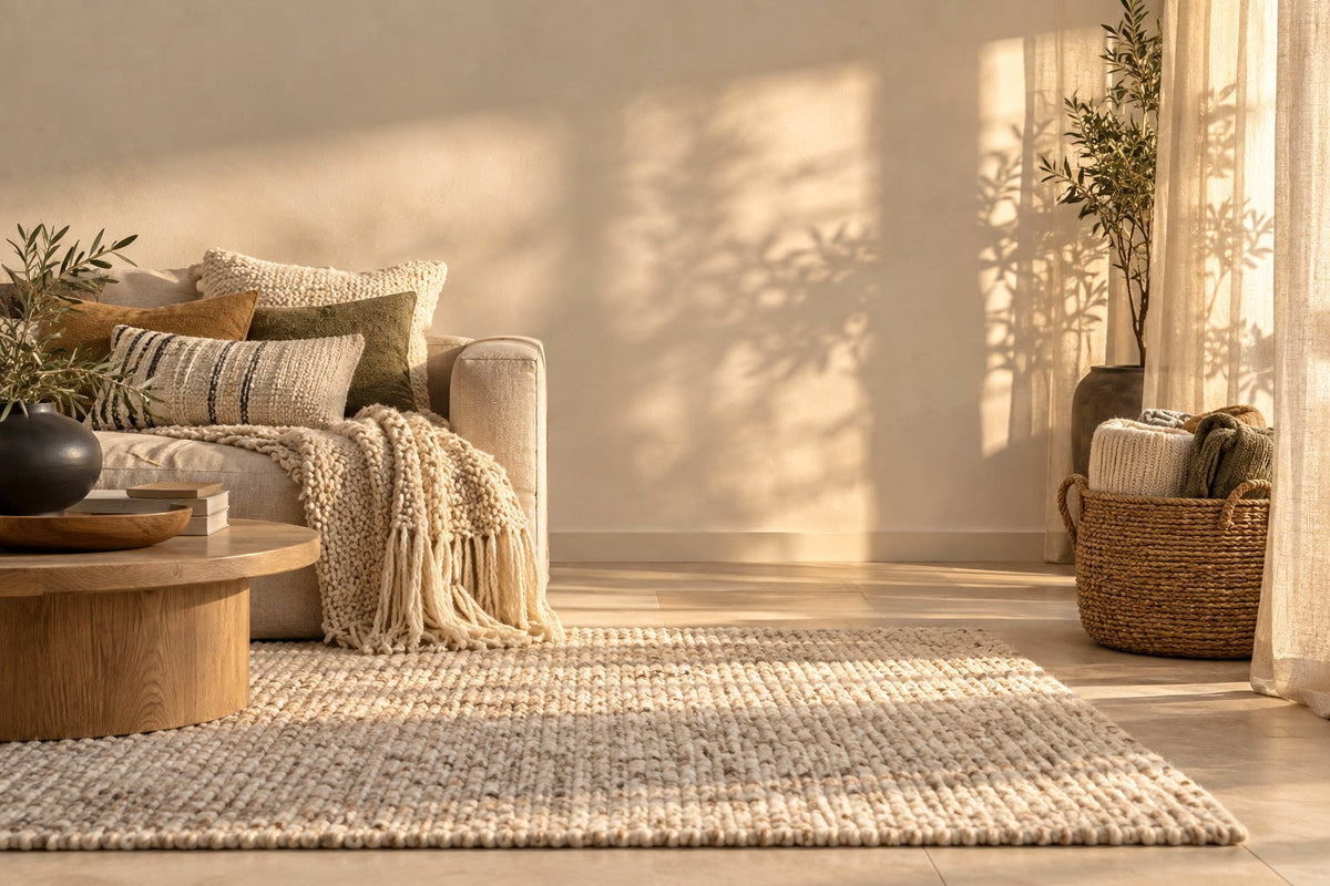 Canapé en lin avec coussins texturés, plaid à franges et tapis en laine