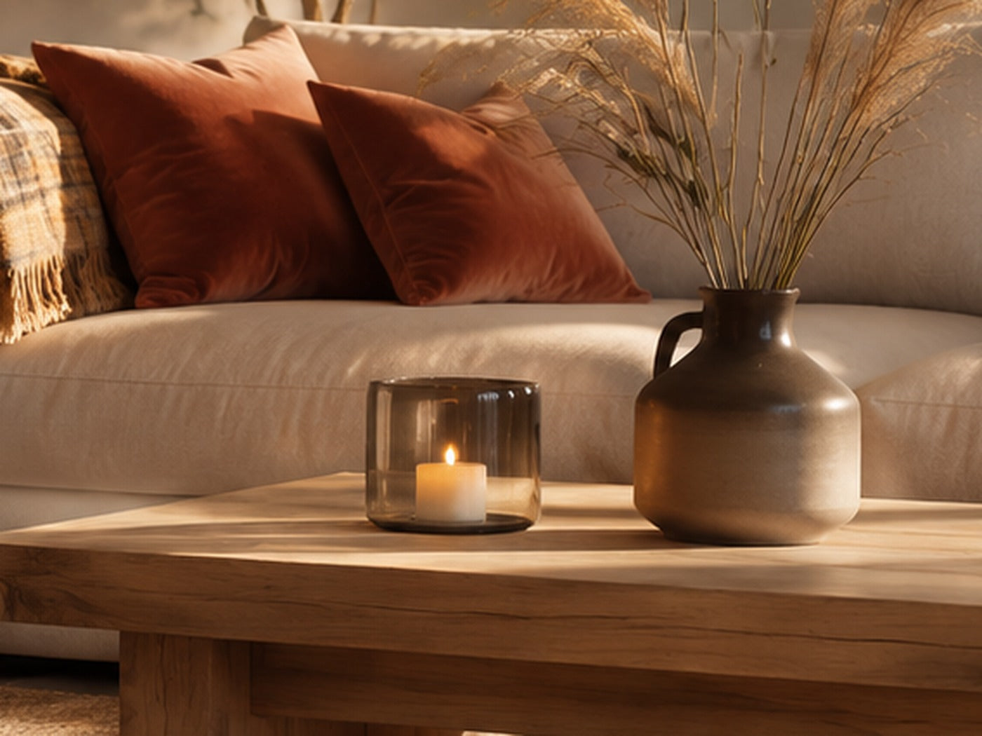 Vase en céramique mate avec herbes de la pampas sur une table basse