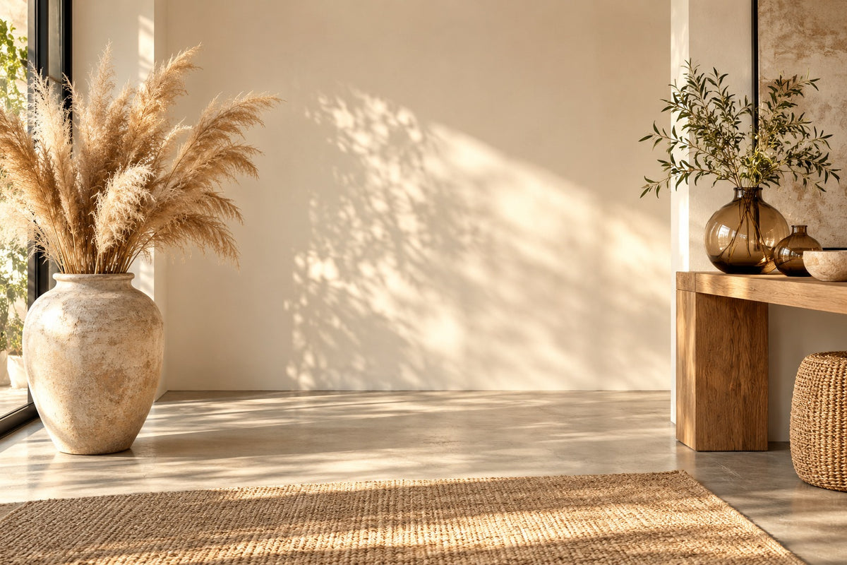 Grand vase de sol avec pampa et vases en verre ambré