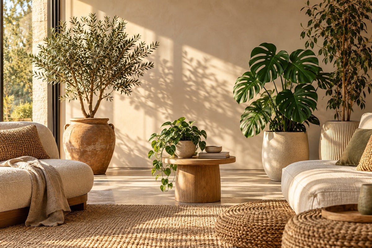 Oliviers, monstera et ficus en pots près d'une baie vitrée