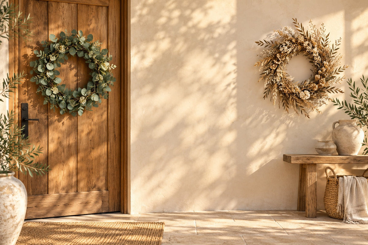 Couronne d'eucalyptus sur une porte en bois et couronne de fleurs séchées au mur