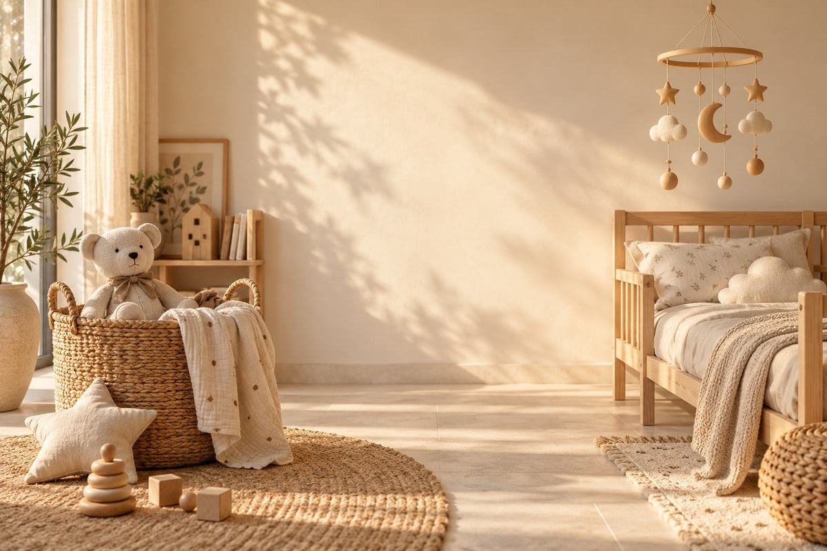 Chambre d'enfant tons crème avec panier, peluche et mobile en bois