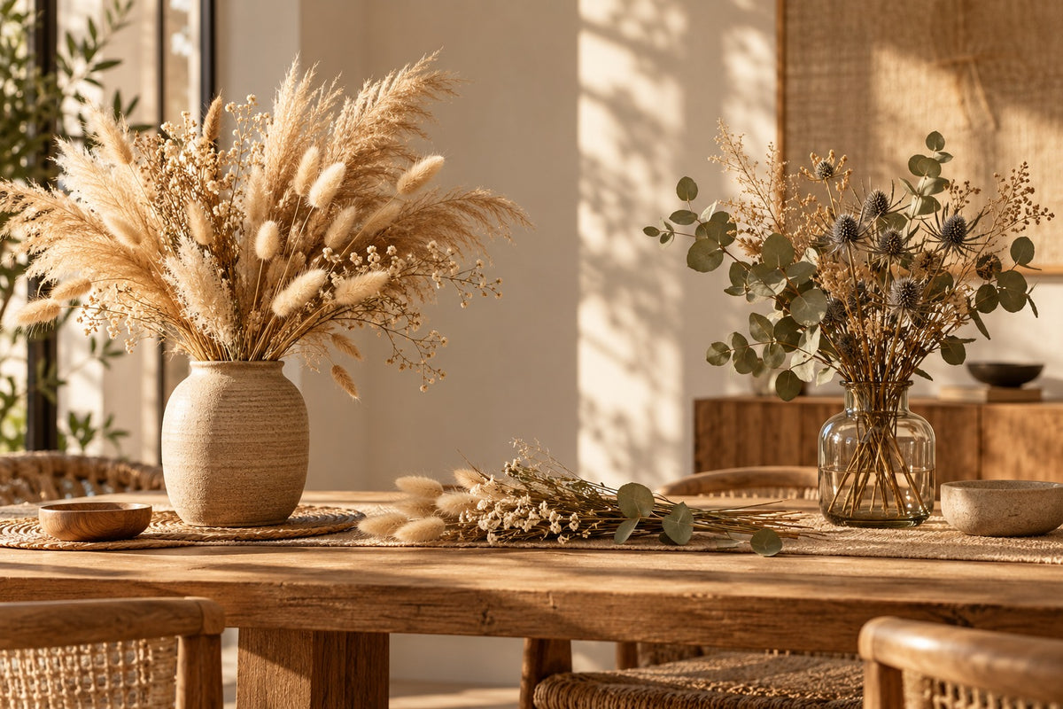 Bouquets de pampa et d'eucalyptus séchés dans des vases en grès et en verre