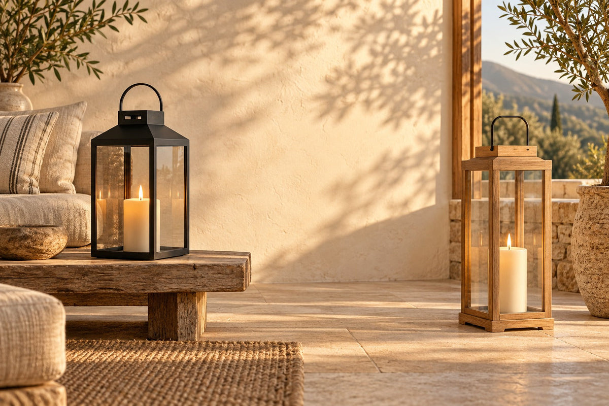 Lanternes en métal noir et en bois avec bougies allumées sur une terrasse