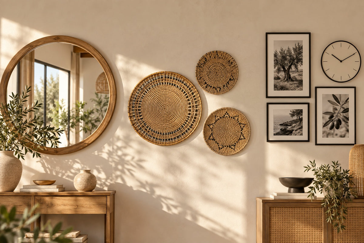 Mur crème avec miroir rond, décorations murales en rotin, cadres et horloge