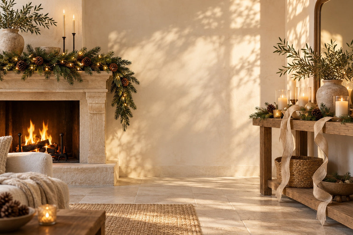 Guirlande de sapin lumineuse sur une cheminée en pierre et console décorée pour Noël