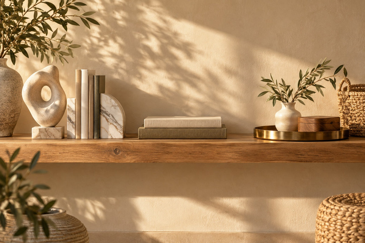 Étagère en bois avec sculpture en pierre, serre-livres, plateau et paniers
