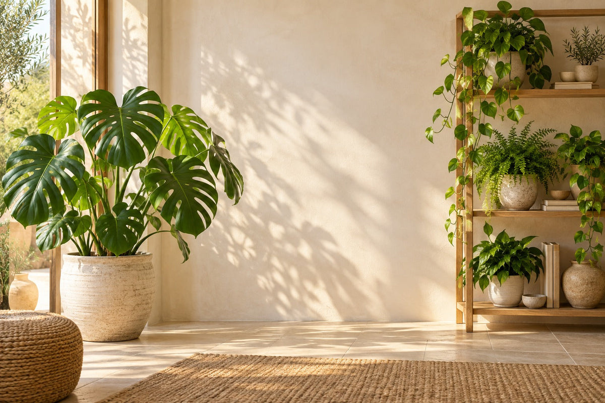 Monstera en pot en céramique et plantes vertes sur une étagère en bois