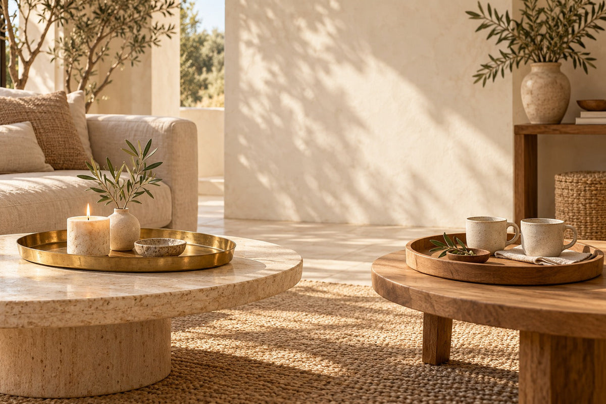 Plateau rond en laiton avec bougie et plateau en bois avec tasses