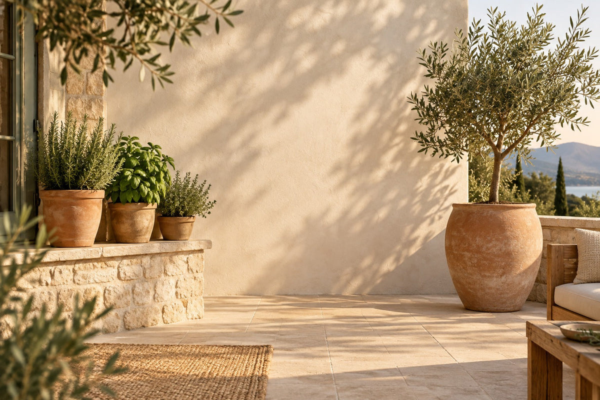 Pots en terre cuite avec herbes aromatiques et grand pot avec olivier sur une terrasse